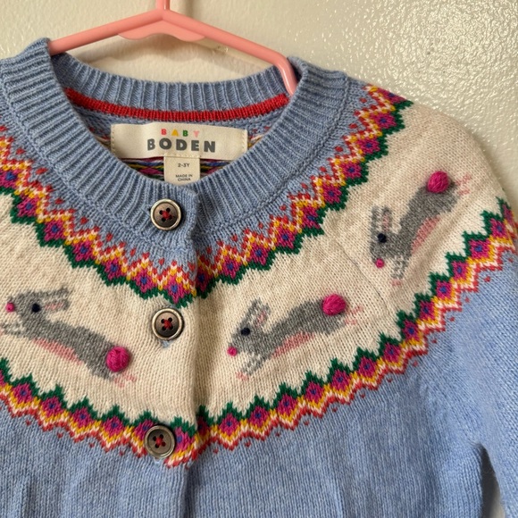(NWOT)Mini boden easter sky blue bunnies edie fair isle cardigan - Picture 4 of 5